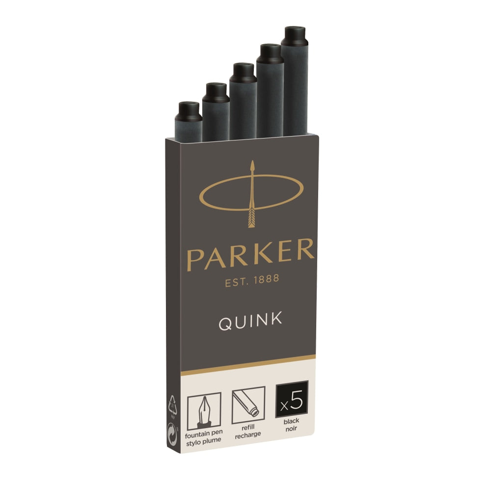 Parker Quink Fountain Pen Replacement Ink Cartridges, Black, Pack Of 5 Cartridges