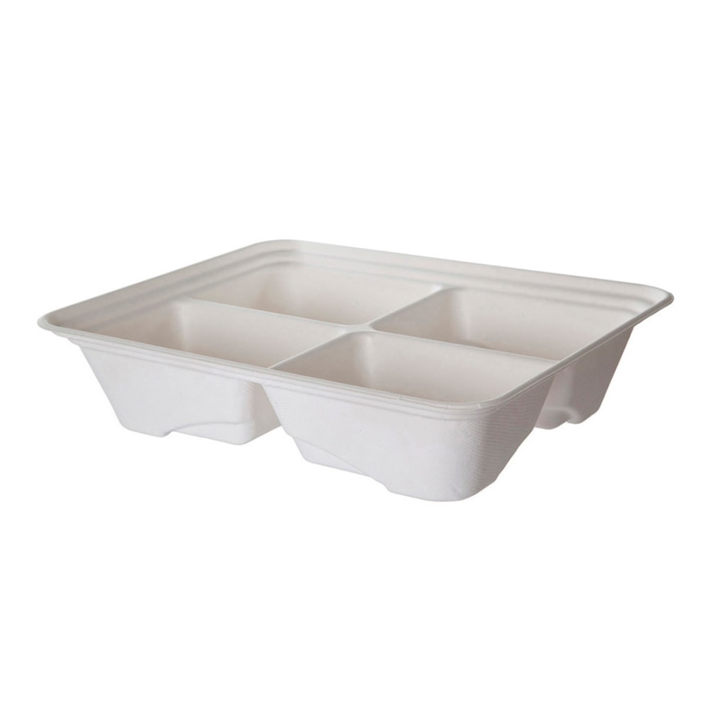 Eco-Products Vanguard Regalia Lined Sugarcane Half Pans, 4 Compartment, 3inH x 13inW x 10inD, White, Pack Of 200 Pans