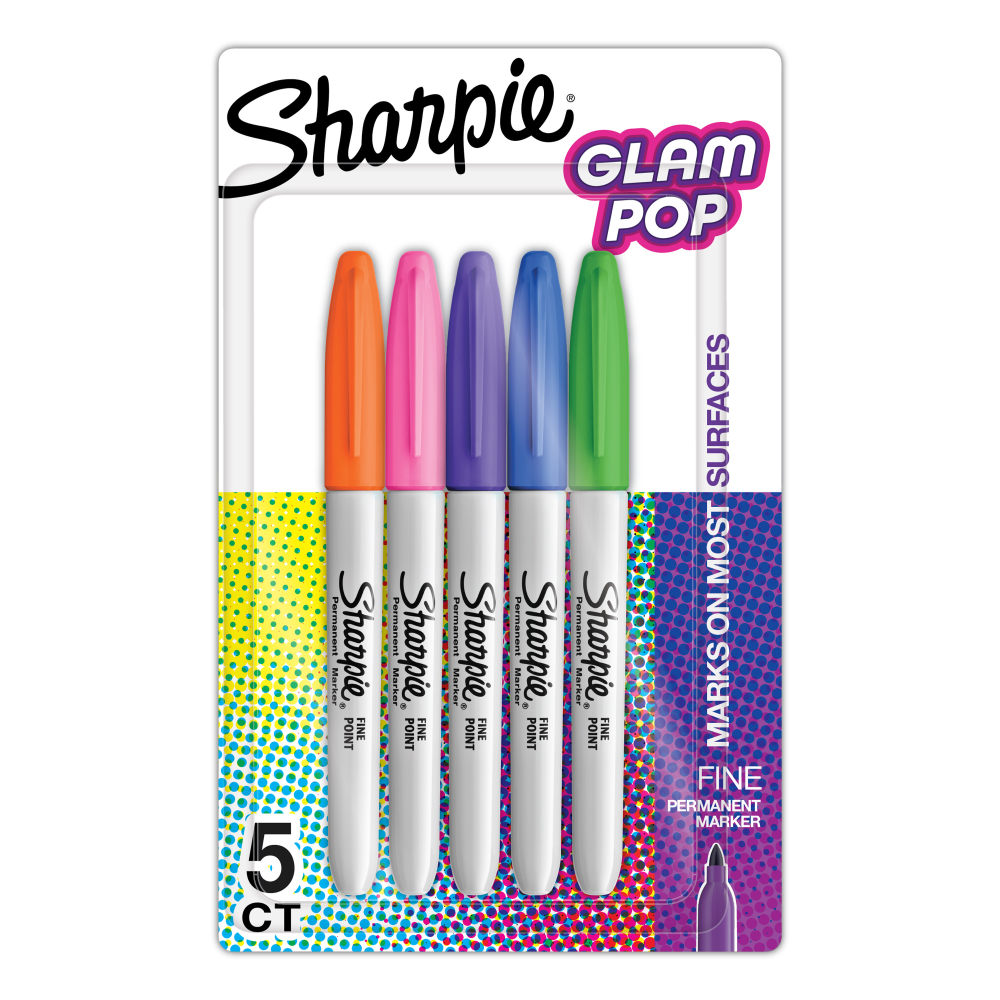 Sharpie Glam Pop Permanent Markers, Fine Point, Gray Barrels, Assorted Ink Colors, Pack Of 5 Markers