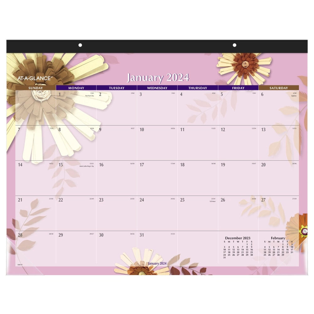 2024 AT-A-GLANCE Paper Flowers Monthly Desk Pad Calendar, 21-3/4in x 17in, January To December 2024, 5035