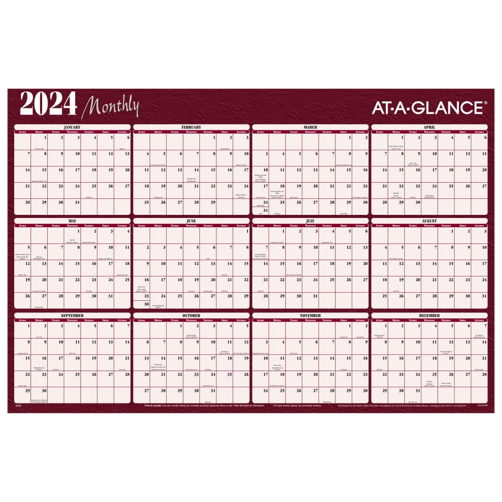 2024 AT-A-GLANCE Horizontal Reversible Erasable Yearly Wall Calendar, 48in x 32in, Red, January to December 2024, A152