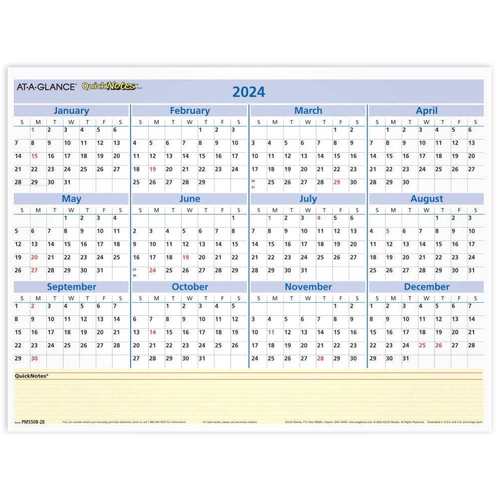 2024 AT-A-GLANCE QuickNotes Reversible Erasable Monthly/Yearly Wall Calendar, 16in x 12in, January to December 2024, PM550B28