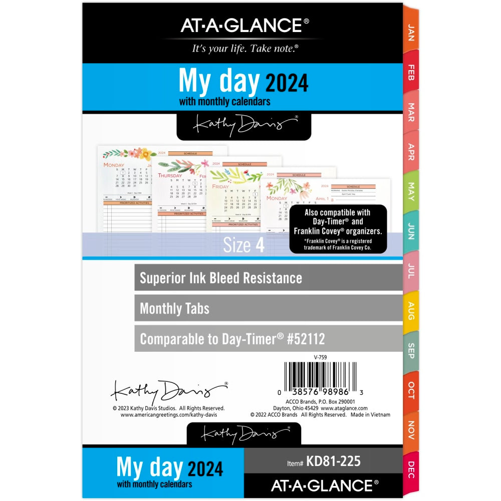 AT-A-GLANCE Kathy Davis Daily/Monthly 2-Page-Per-Day Loose-Leaf Planner Refill Pages, 5-1/2in x 8-1/2in, January to December 2024, KD81-225