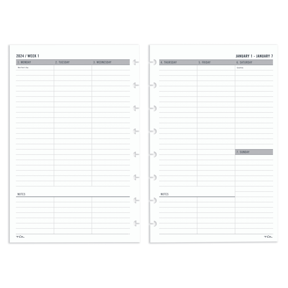 2024 TUL Discbound Weekly Planner Refill Pages, Untimed Vertical Format, Junior Size, January To December