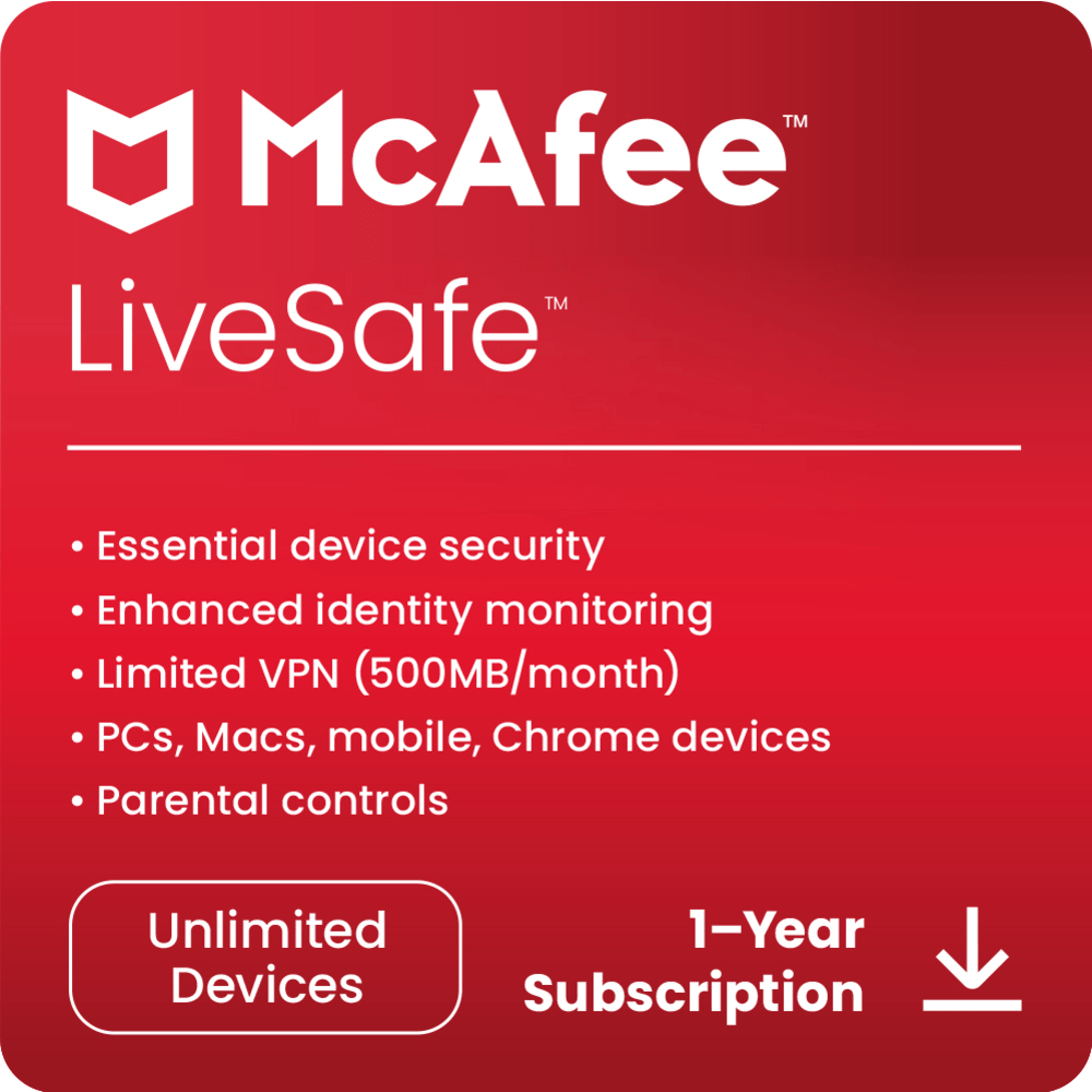 McAfee LiveSafe AntiVirus & Internet Security Software, For Unlimited Devices, 1-Year Subscription, Download