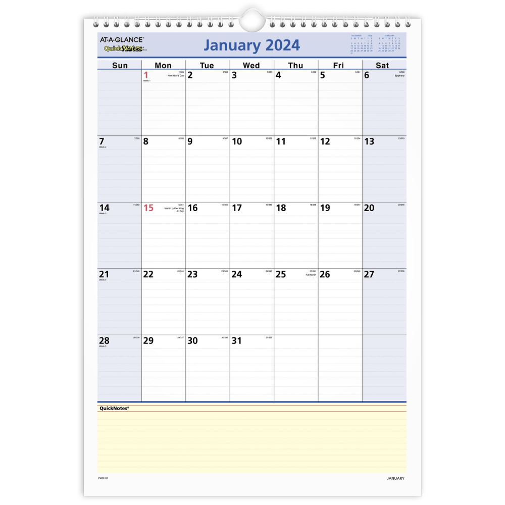 2024 AT-A-GLANCE QuickNotes Monthly Wall Calendar, 12in x 17in, January To December 2024, PM5228