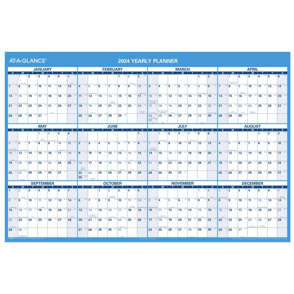 2024 AT-A-GLANCE Horizontal Reversible Erasable Yearly Wall Calendar, 48in x 32in, January to December 2024, PM30028