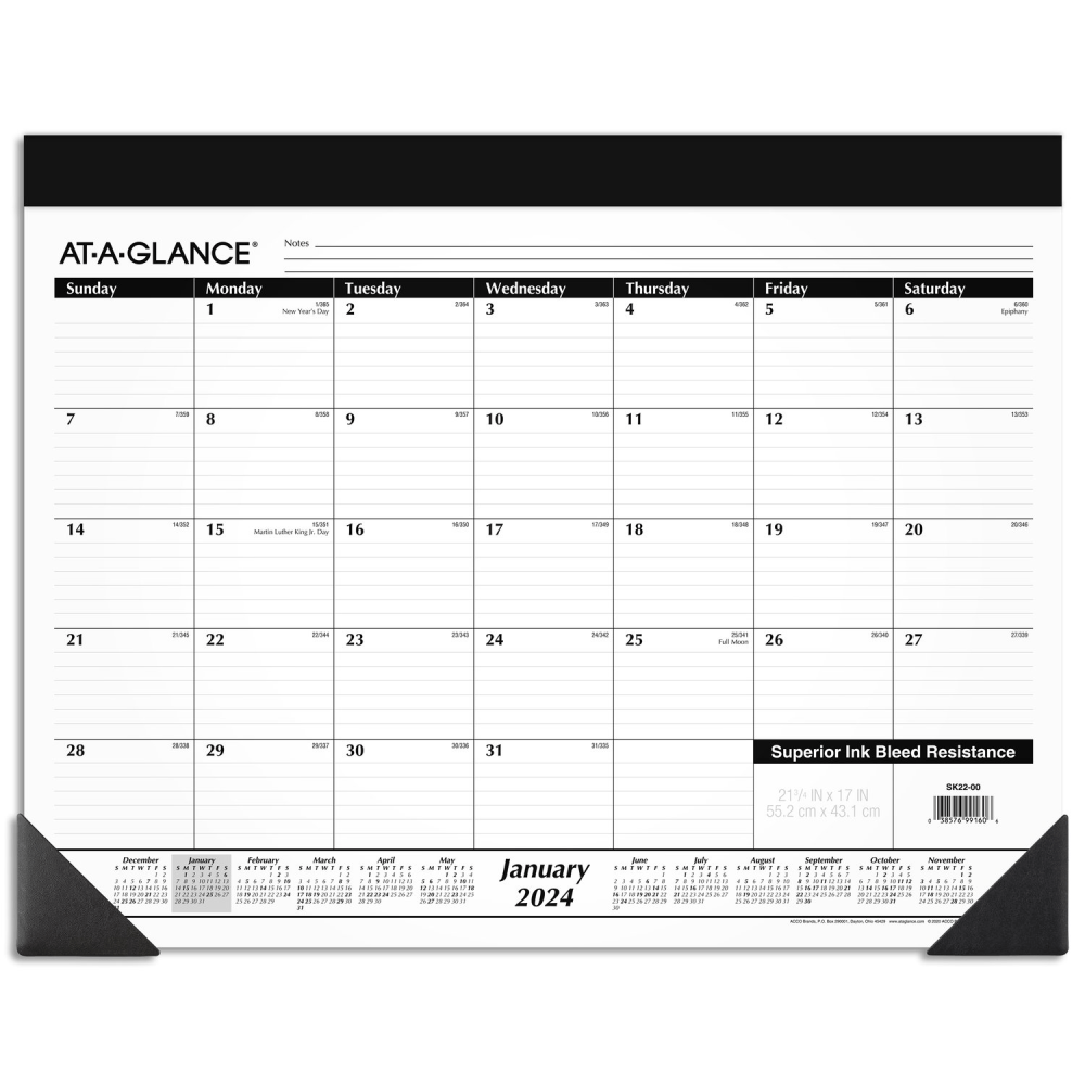 2024 AT-A-GLANCE Monthly Desk Pad Calendar, 21-3/4in x 17in, January To December 2024, SK2200