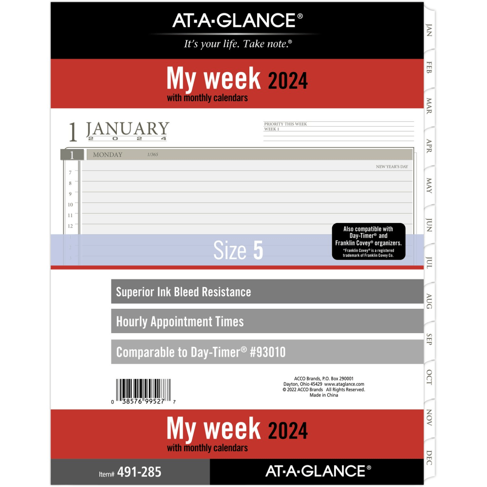 AT-A-GLANCE Weekly Loose-Leaf Planner Refill Pages, 8-1/2in x 11in, January to December 2024, 491-285