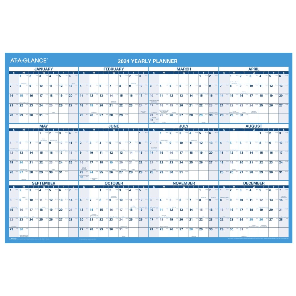 2024 AT-A-GLANCE Horizontal Reversible Erasable Yearly Wall Calendar, 36in x 24in, January to December 2024, PM20028