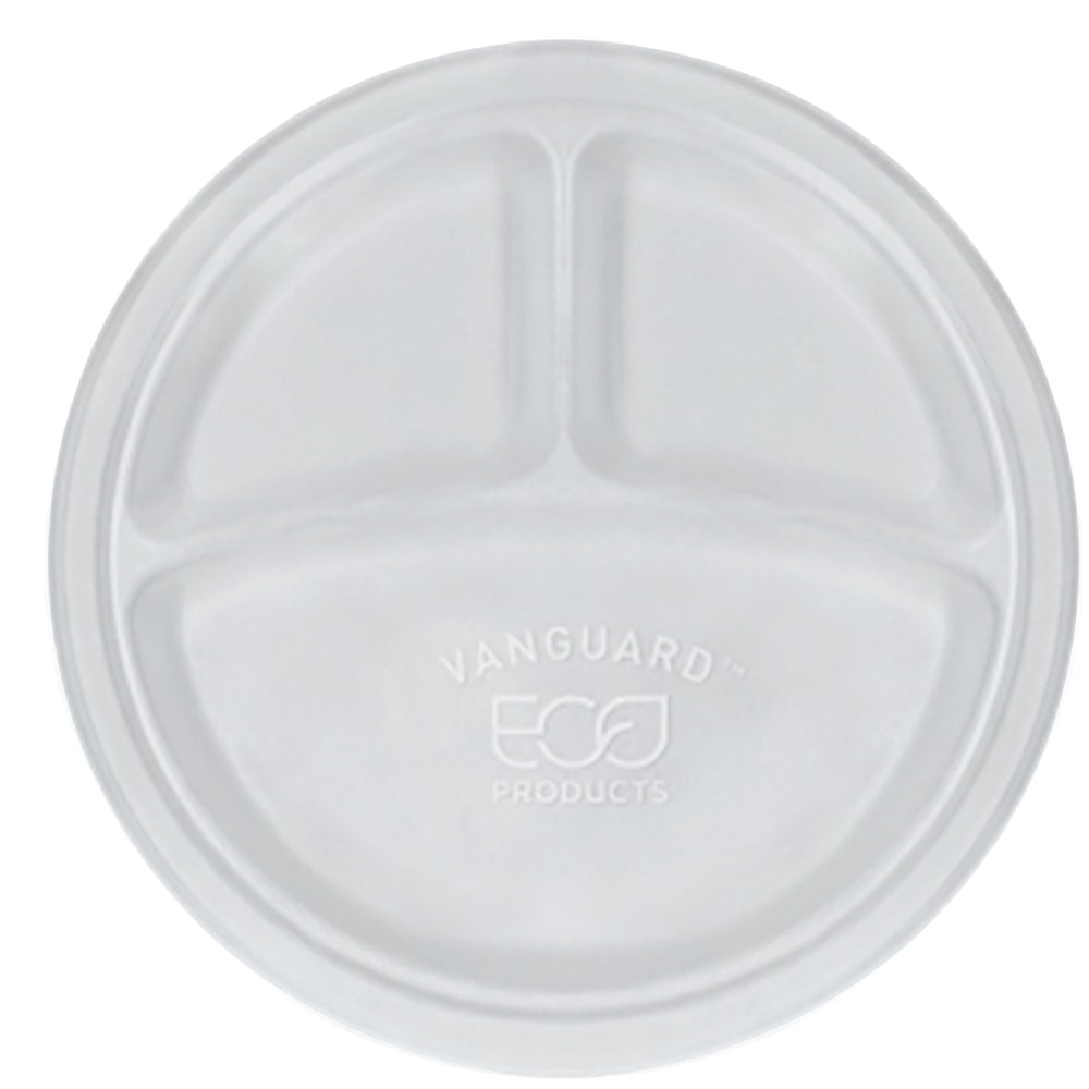 Eco-Products Vanguard Sugarcane Plates, 3 Compartment, 10in, White, Pack Of 500 Plates