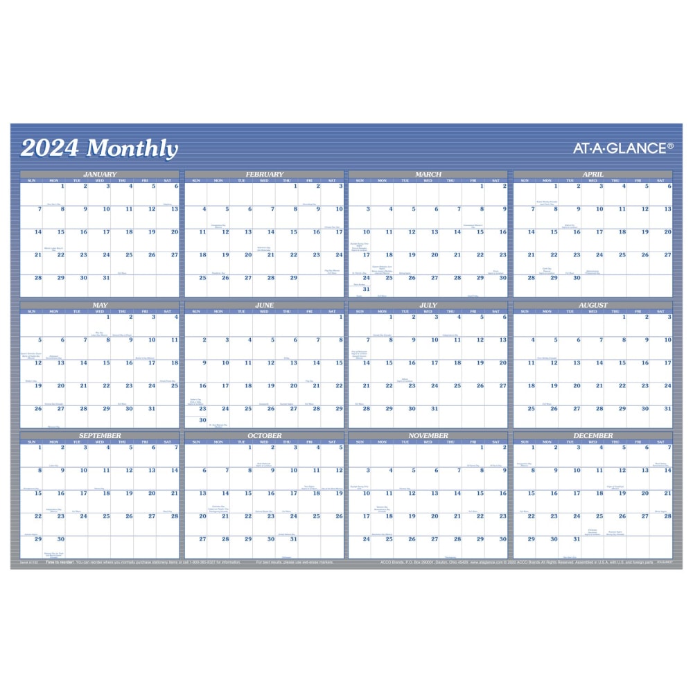 2024 AT-A-GLANCE Vertical/Horizontal Reversible Erasable Yearly Wall Calendar, 36in x 24in, Blue, January to December 2024, A1102