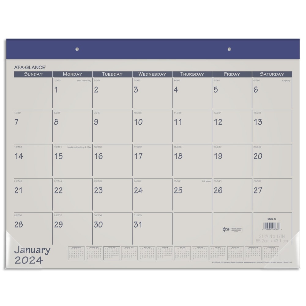 2024 AT-A-GLANCE Fashion Color Monthly Desk Pad Calendar, 21-3/4in x 17in, January To December 2024, SK2517