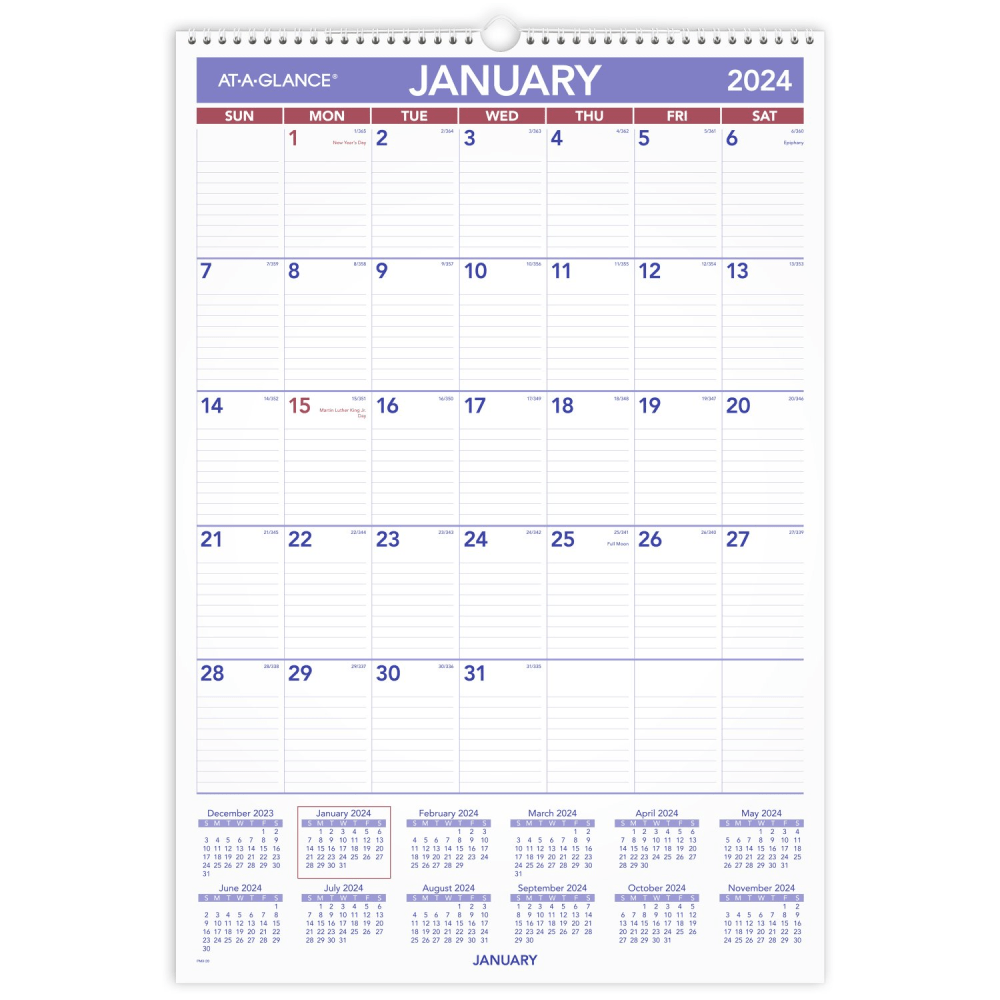 2024 AT-A-GLANCE Monthly Wall Calendar, 15-1/2in x 22-3/4in, January To December 2024, PM328