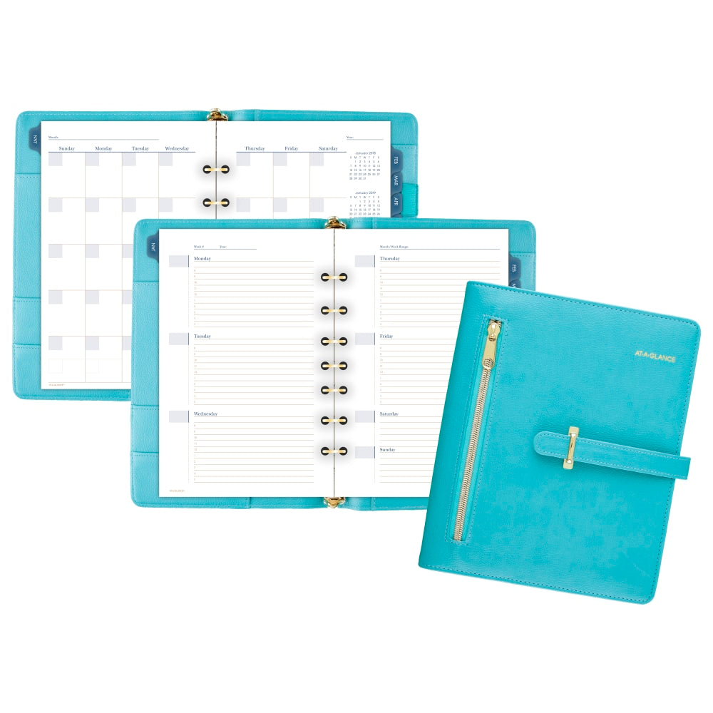 AT-A-GLANCE Weekly/Monthly Faux Leather Fashion Starter Set Planner, 5 1/2in x 8 1/2in, Teal