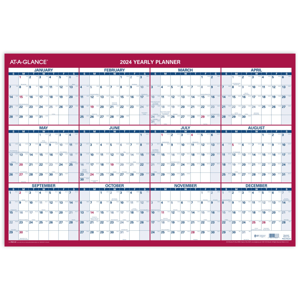 2024 AT-A-GLANCE Vertical/Horizontal Reversible Yearly Wall Calendar, 24in x 36in, January To December 2024, PM21228