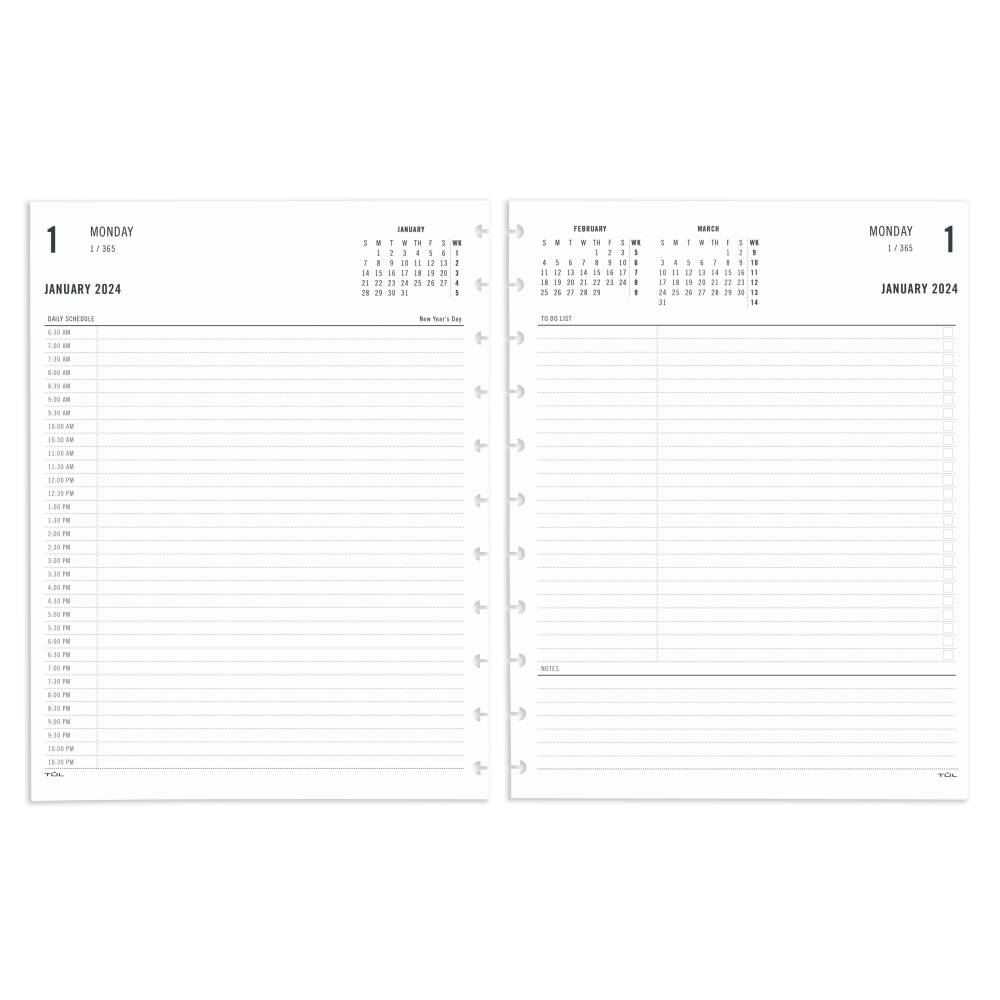 2024 TUL Discbound Daily Planner Refill Pages, Half-Hourly Appointment Times, Letter Size, January To December