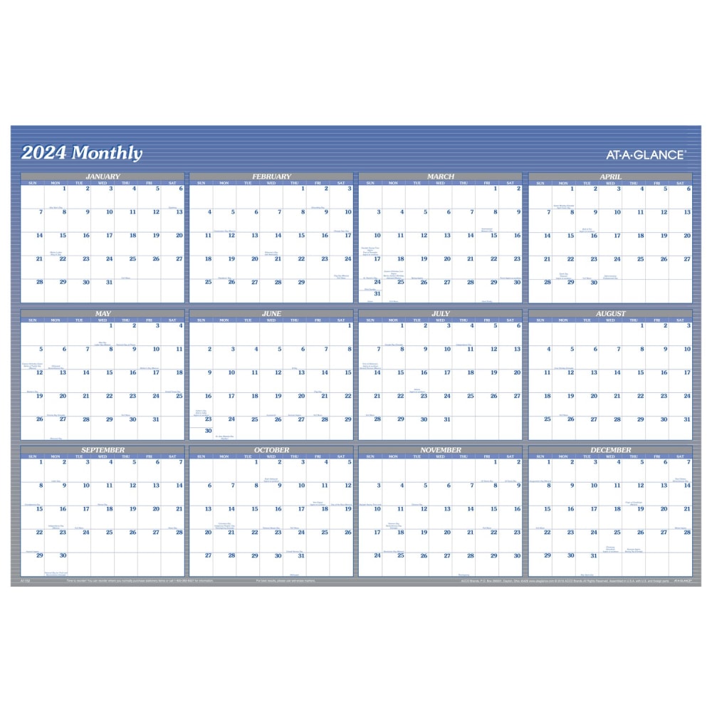 2024 AT-A-GLANCE Vertical/Horizontal Reversible Erasable Yearly Wall Calendar, 48in x 32in, Blue, January to December 2024, A1152