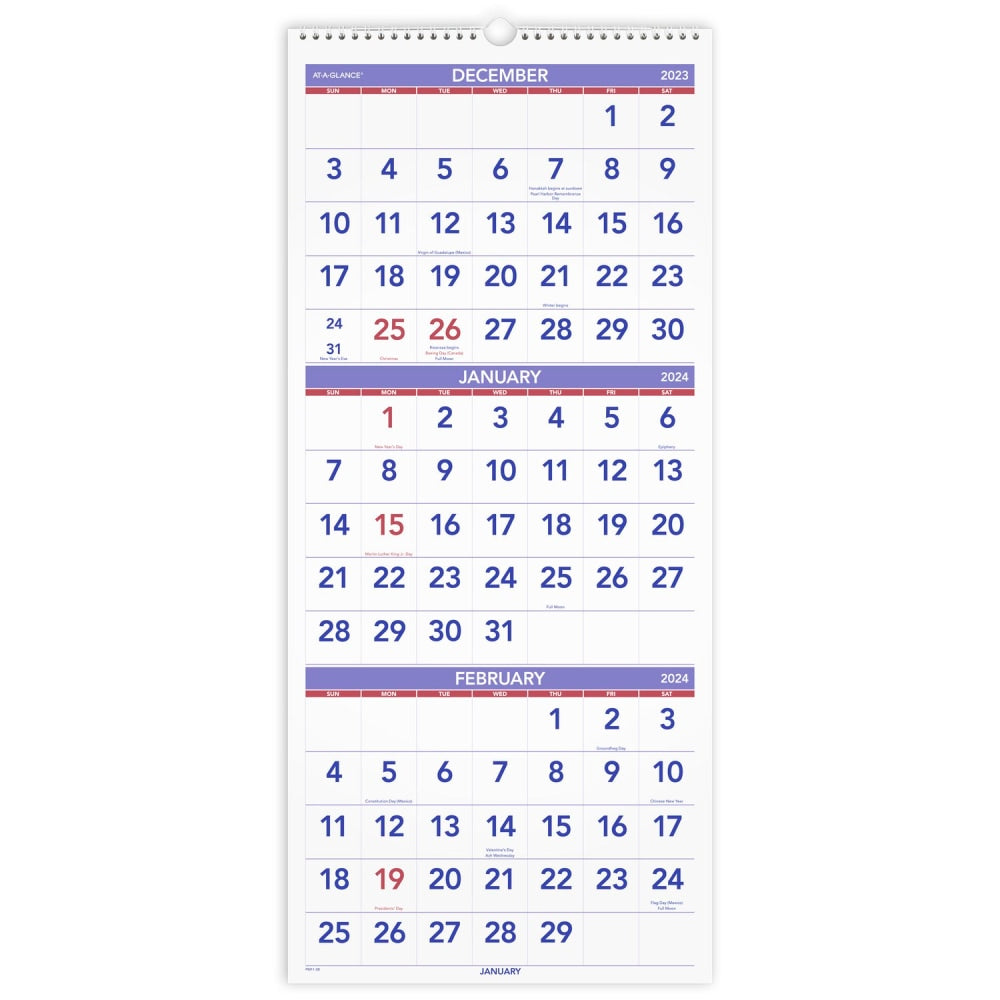 2024 AT-A-GLANCE 3-Month Reference Vertical Wall Calendar, 12in x 27in, January to December 2024, PM1128