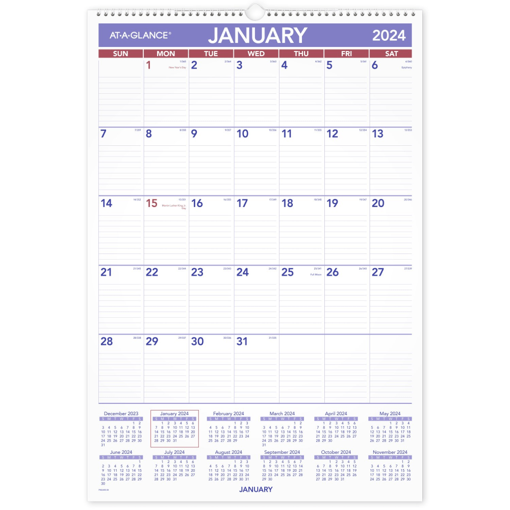 2024 AT-A-GLANCE Erasable Monthly Wall Calendar, 15-1/2in x 22-3/4in, January to December 2024, PMLM0328