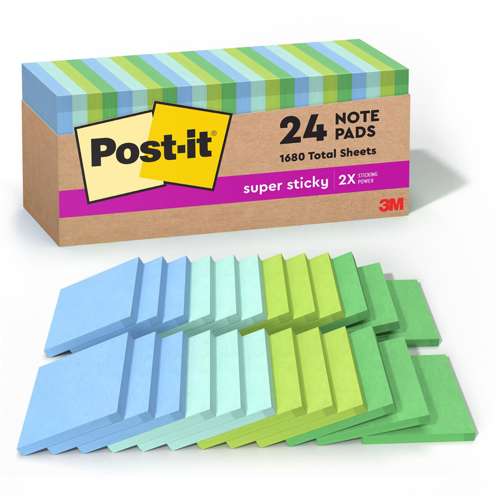 Post-it Recycled Super Sticky Notes, 3 in x 3 in, 24 Pads, 70 Sheets/Pad, 2x the Sticking Power, Oasis Collection, 30% Recycled