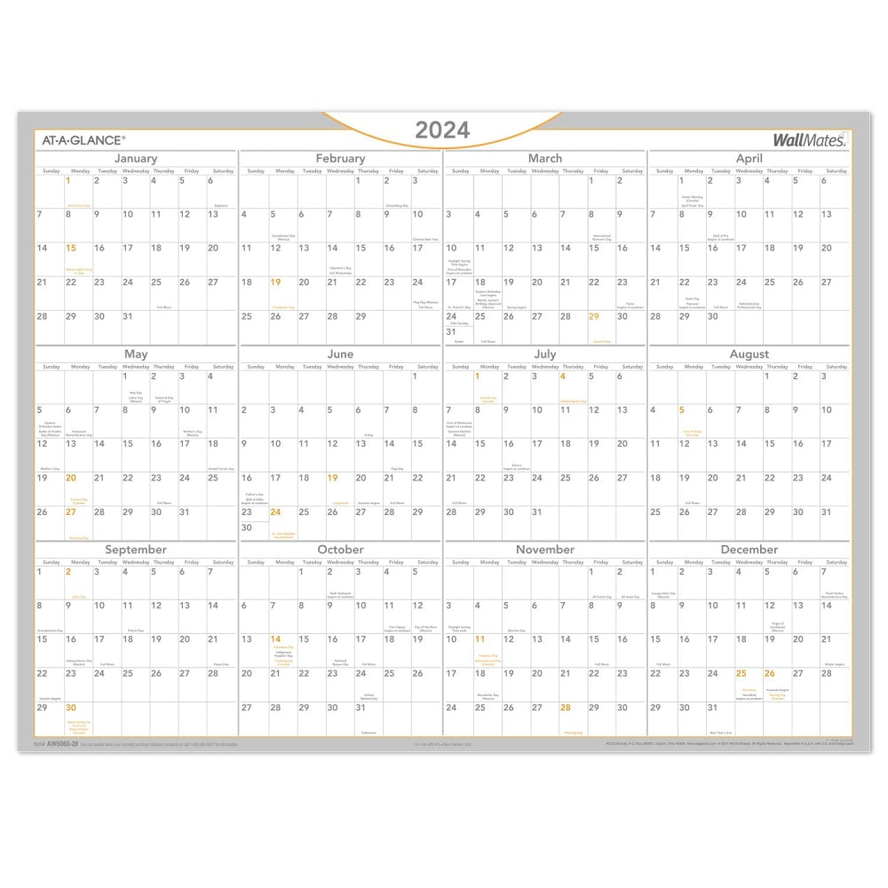 2024 AT-A-GLANCE WallMates Self-Adhesive Dry-Erase Yearly Calendar, 24in x 18in, January to December 2024, AW506028