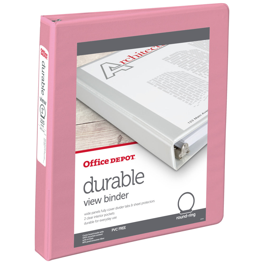 Office Depot Brand 3-Ring Durable View Binder, 1in Round Rings, Pink