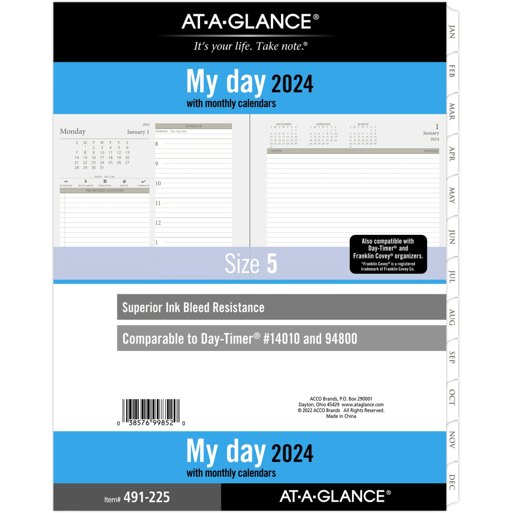 AT-A-GLANCE 2-Page-Per-Day Daily Loose-Leaf Planner Refill, 8-1/2in x 11in, January to December 2024, 491-225