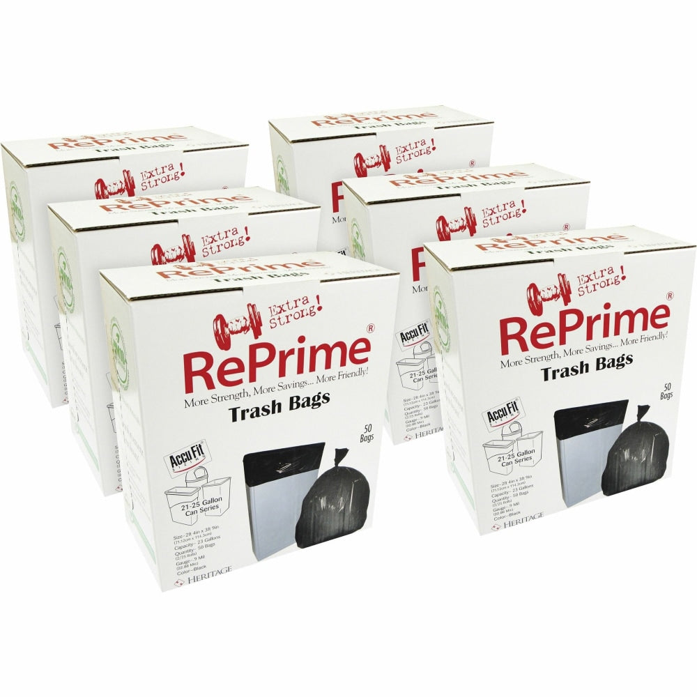 Heritage Accufit RePrime Trash Bags - 23 gal Capacity - 28in Width x 45in Length - 0.90 mil (23 Micron) Thickness - Low Density - Black - Linear Low-Density Polyethylene (LLDPE) - 6/Carton - 50 Per Box - Waste Disposal, Garbage