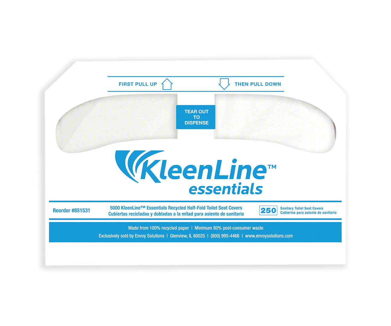 Kleenline Essentials Half-Fold Toilet Seat Covers, 250 Sheets Per Pack, Carton Of 20 Packs