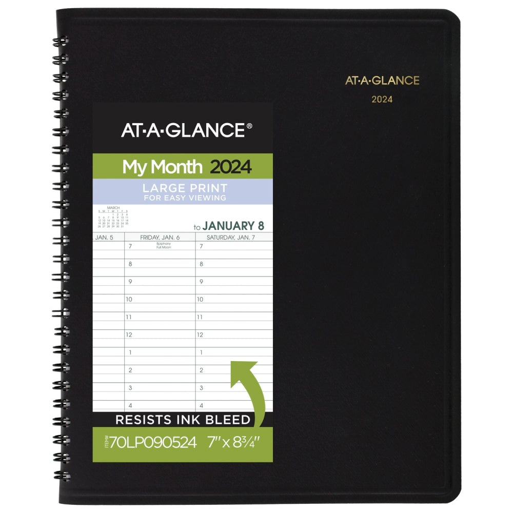 2024 AT-A-GLANCE Large Print Monthly Planner, 7in x 8-3/4in, Black, January To December 2024, 70LP0905