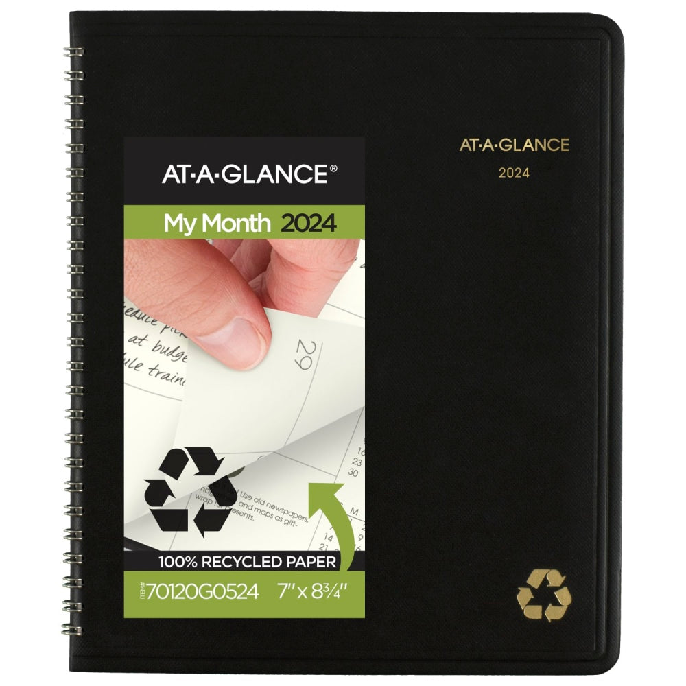 2024 AT-A-GLANCE Recycled Monthly Planner, 7in x 8-3/4in, 100% Recycled, Black, January To December 2024, 70120G05