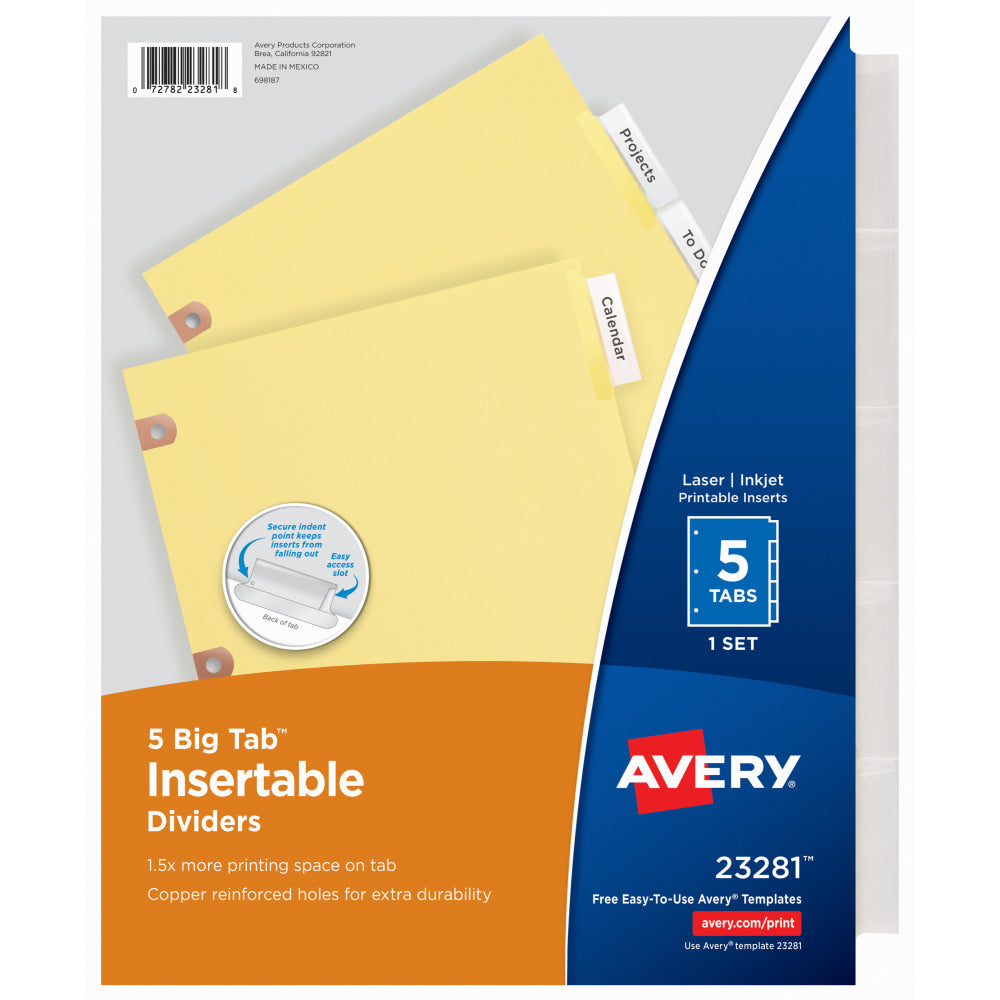 Avery Big Tab Insertable Dividers, Copper Reinforced, Buff/Clear, 8 1/2in x 11in, 5-Tab