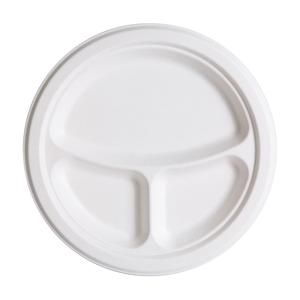 Eco-Products Vanguard Renewable Sugarcane Plates, 3 Compartment, 9in, White, Pack Of 500 Plates