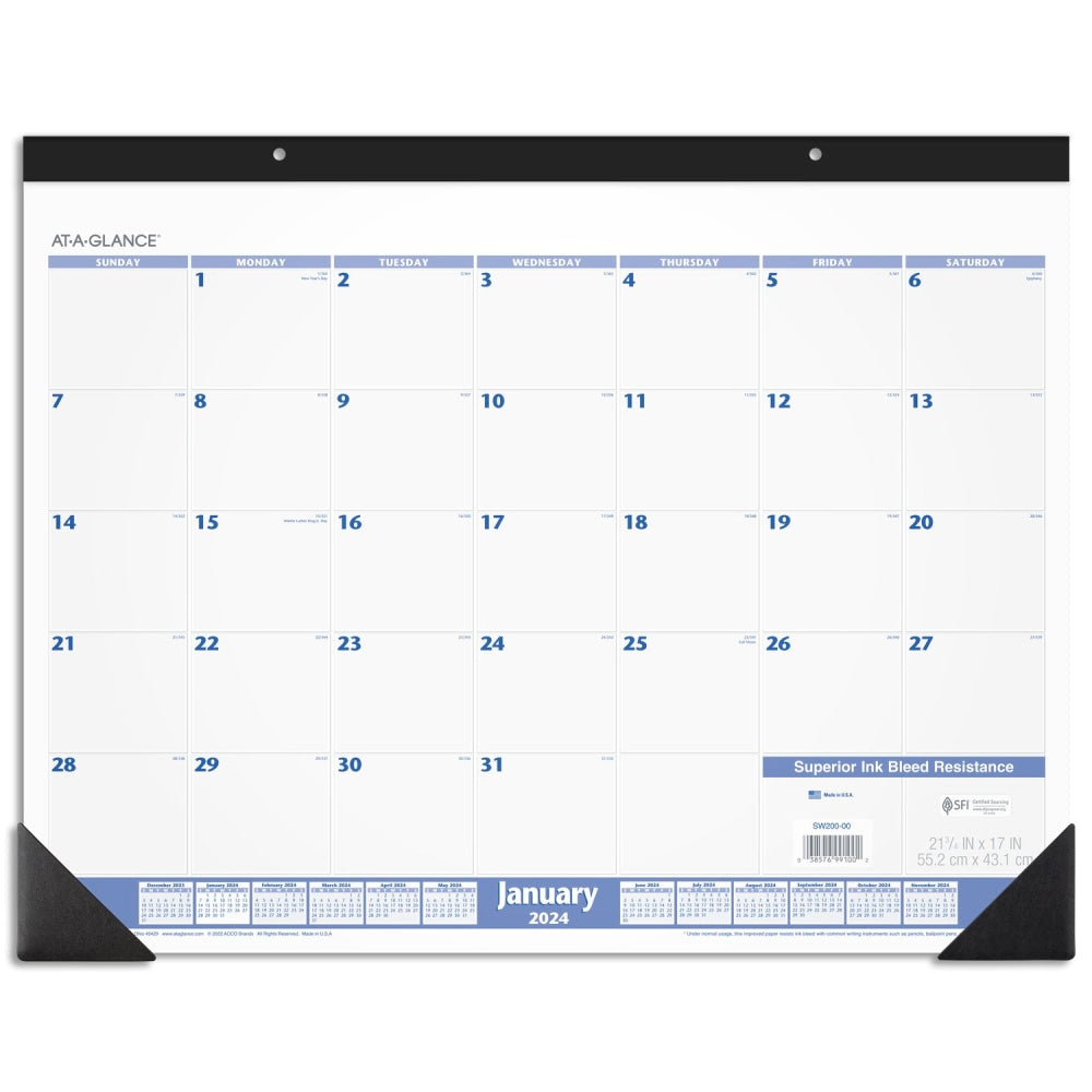 2024 AT-A-GLANCE Monthly Desk Pad Calendar, 21-3/4in x 17in, Blue/Gray, January To December 2024, SW20000