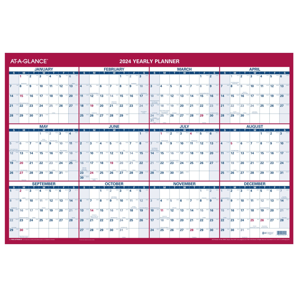 2024 AT-A-GLANCE Vertical/Horizontal Reversible Erasable Yearly Wall Calendar, 36in x 24in, January to December 2024, PM2628