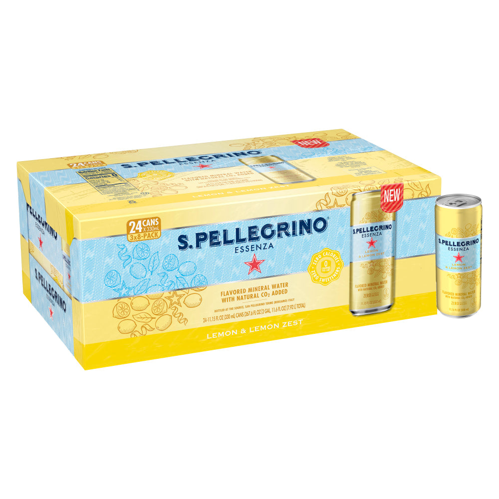 Nestle S.Pellegrino Essenza Flavored Mineral Water, Lemon/Lemon Zest, 11.15 Fl Oz, 8 Cans Per Pack, Case Of 3 Packs