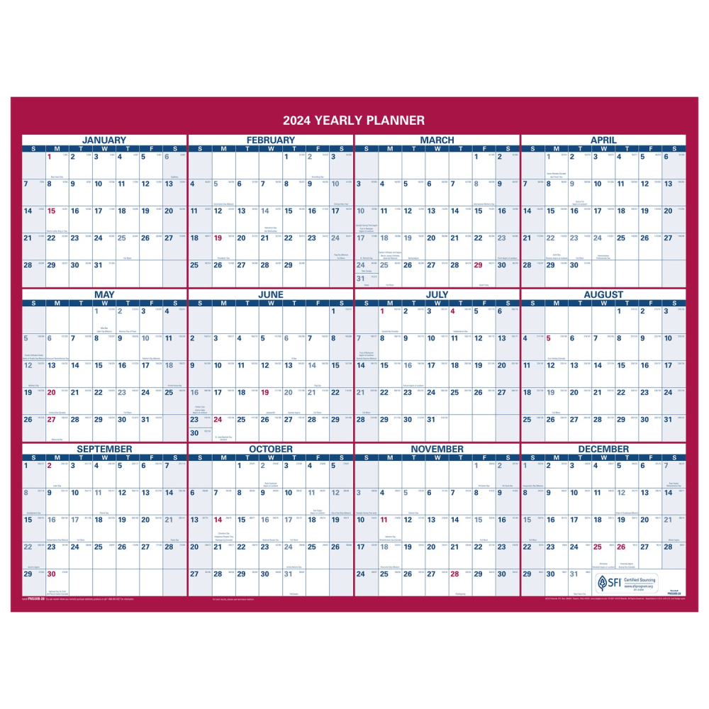 2024 AT-A-GLANCE Horizontal Reversible Erasable Yearly Wall Calendar, 16in x 12in, January to December 2024, PM330B28