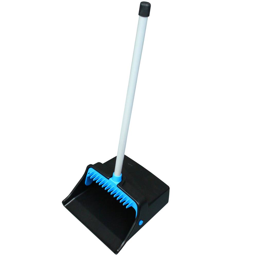 Lobby Dust Pan with Straight PVC Handle, Standard, Black/Blue/Gray