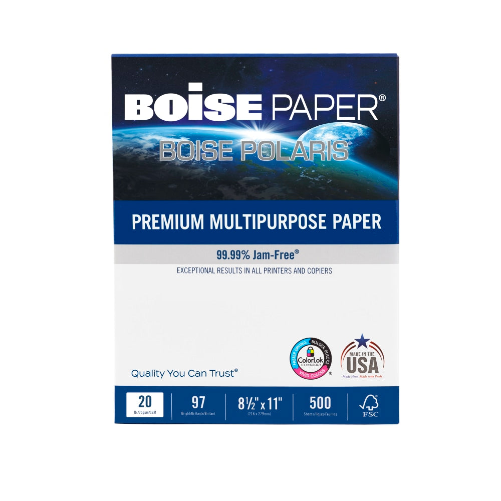 Boise POLARIS Premium Multi-Use Printer & Copy Paper, White, Letter (8.5in x 11in), 500 Sheets Per Ream, 20 Lb, 92 Brightness, FSC Certified