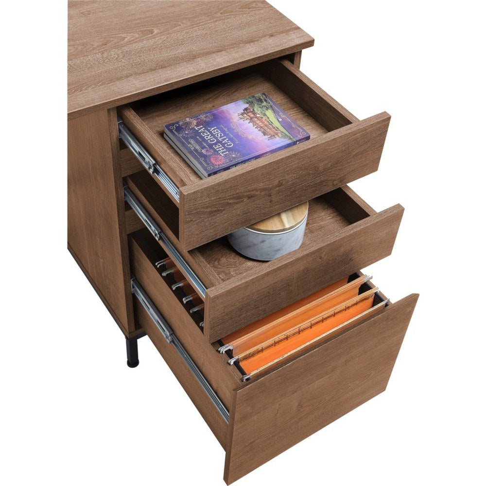 Lorell SOHO 3-Drawer Desk - 55in x 23.6in x 30in - 3 x File Drawer(s) - Single Pedestal on Right Side - Material: Steel Leg, Laminate Top - Finish: Walnut, Powder Coated Leg