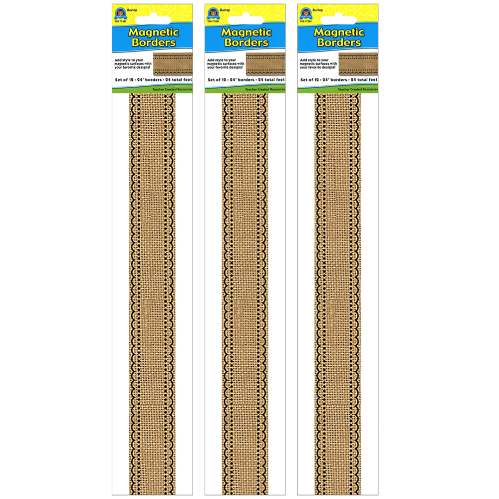 Teacher Created Resources Magnetic Borders, 24in x 1-1/2in, Burlap, 12 Boarders Per Pack, Set Of 3 Packs