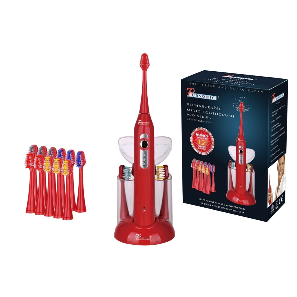 Pursonic S430 15-Piece Electric Sonic Toothbrush, 8inH x 3inW x 2inD, Red