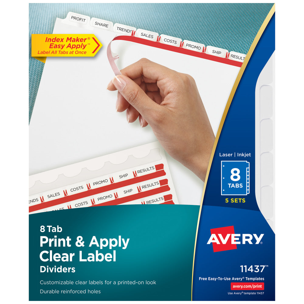 Avery Customizable Index Maker Dividers For 3 Ring Binder, Easy Print & Apply Clear Label Strip, 8 Tab, White, Pack Of 5 Sets