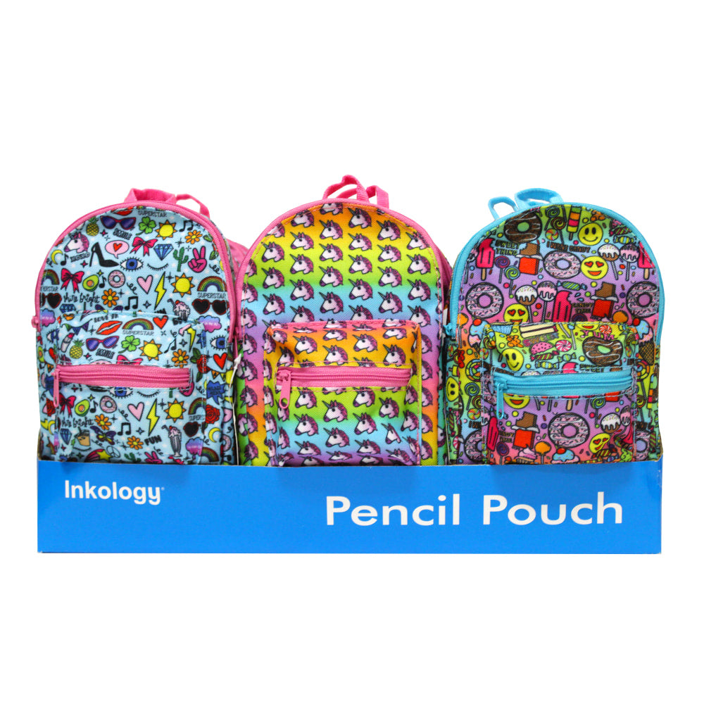 Inkology Corey Paige Mini Backpack Pencil Pouches, 7in x 10in, Assorted Designs, Pack Of 12 Pouches