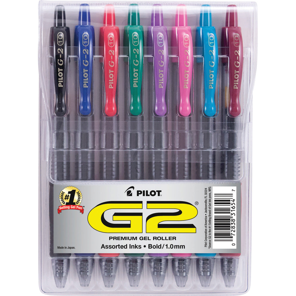 Pilot G2 Retractable Gel Pen, Bold Point, 1.0 mm, Assorted Barrels, Assorted Ink Colors, Pack Of 8