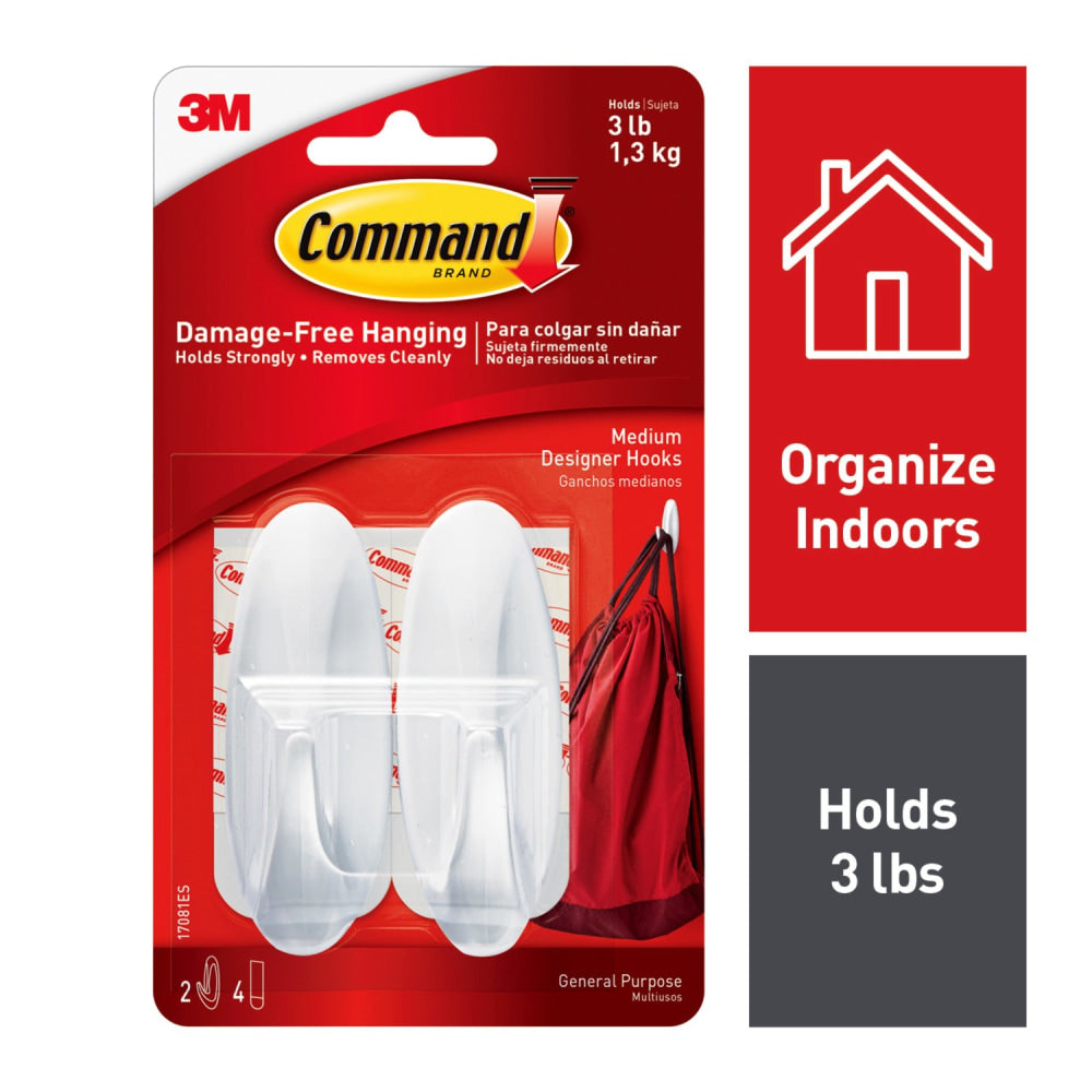 3M Command General Purpose Removable Plastic Hooks, Medium, Pack Of 2 Hooks