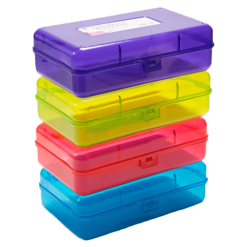 Charles Leonard Translucent Pencil Boxes, 5-1/4in x 2-1/2in x 8-1/4in, Assorted Colors, Pack Of 12 Boxes