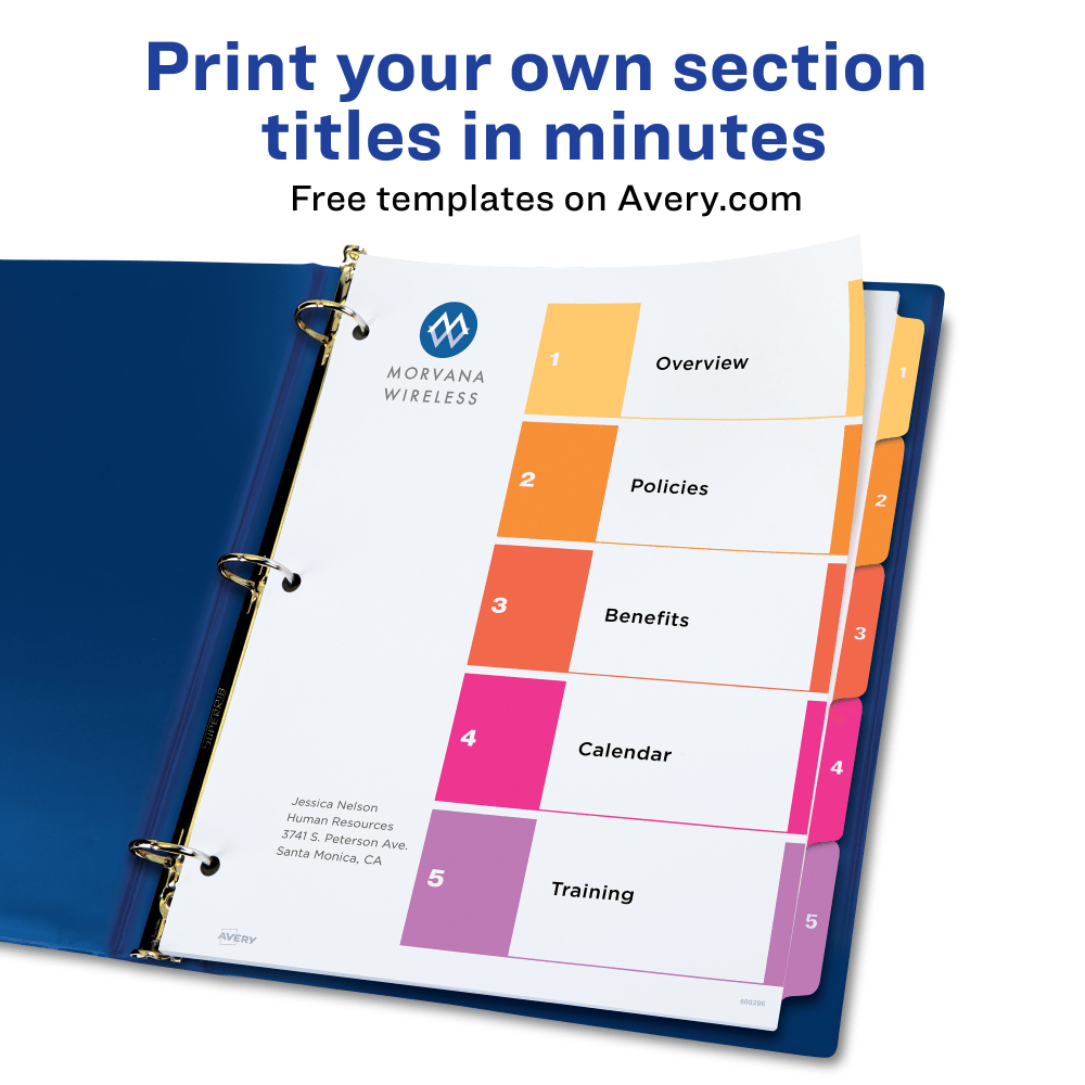 Avery Ready Index 1-5 Tab Binder Dividers With Customizable Table Of Contents, 8-1/2in x 11in, 5 Tab, White/Multicolor, 1 Set