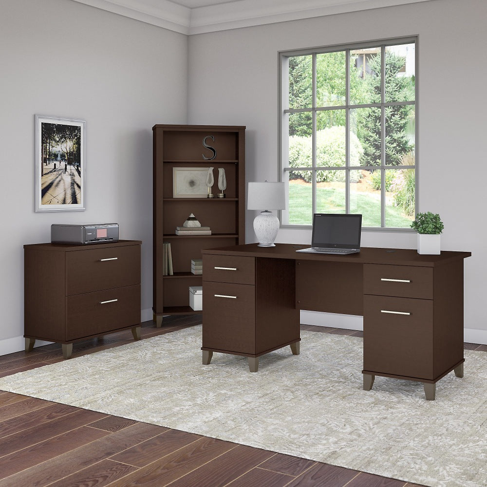 Bush Business Furniture Somerset 60inW Office Computer Desk With Lateral File Cabinet And 5 Shelf Bookcase, Mocha Cherry, Standard Delivery